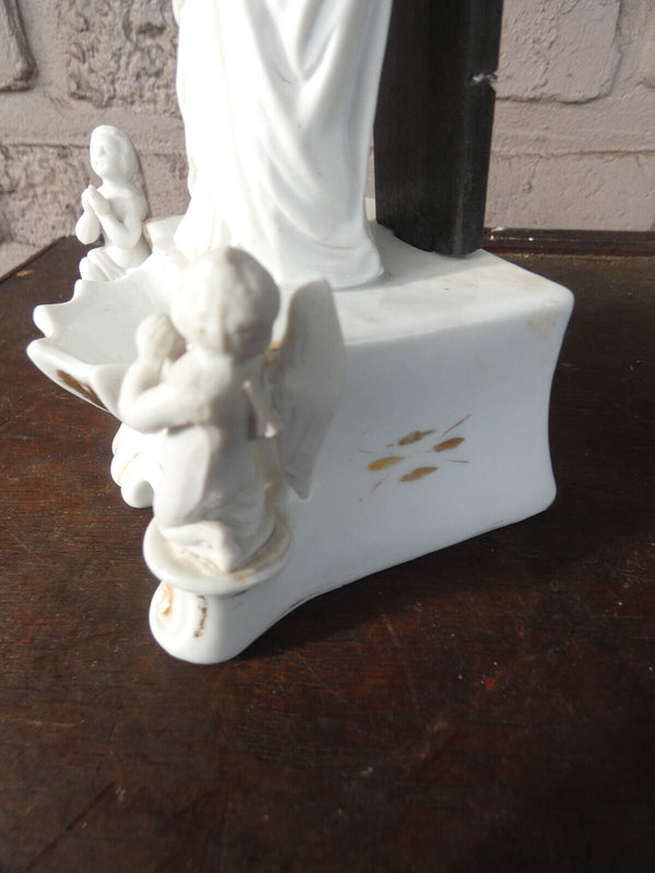 Antique french porcelain bisque holy water font crucifix angels madonna
