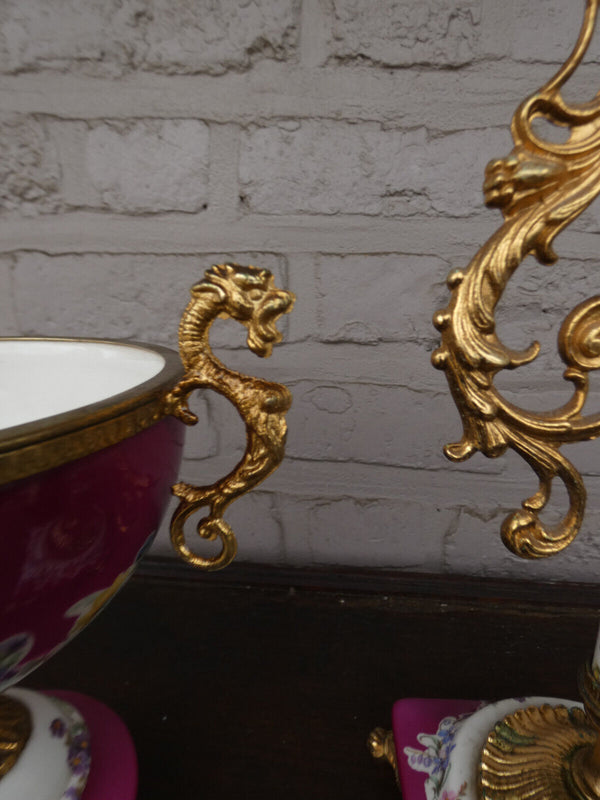 Vintage italian porcelain dragons floral set Candle holders Bowl vase marked