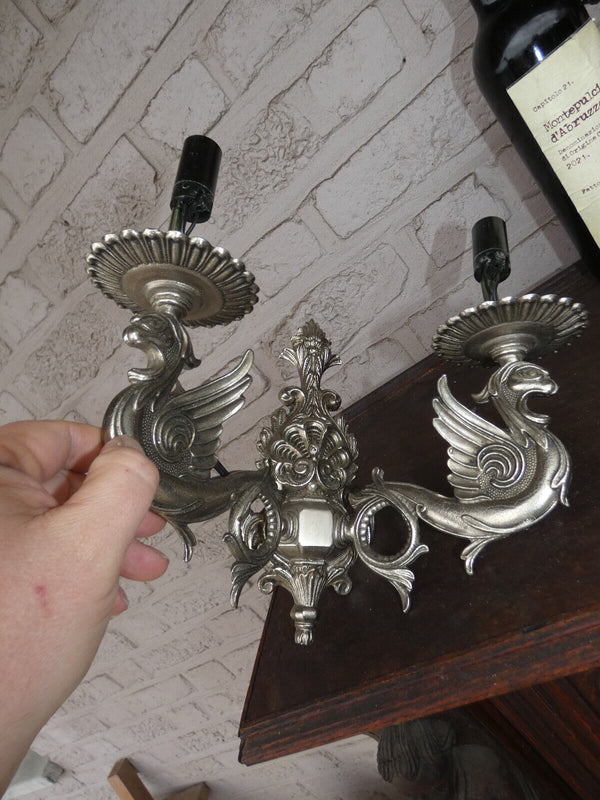 PAIR vintage brass Dragon silver patina wall lights sconces lamps