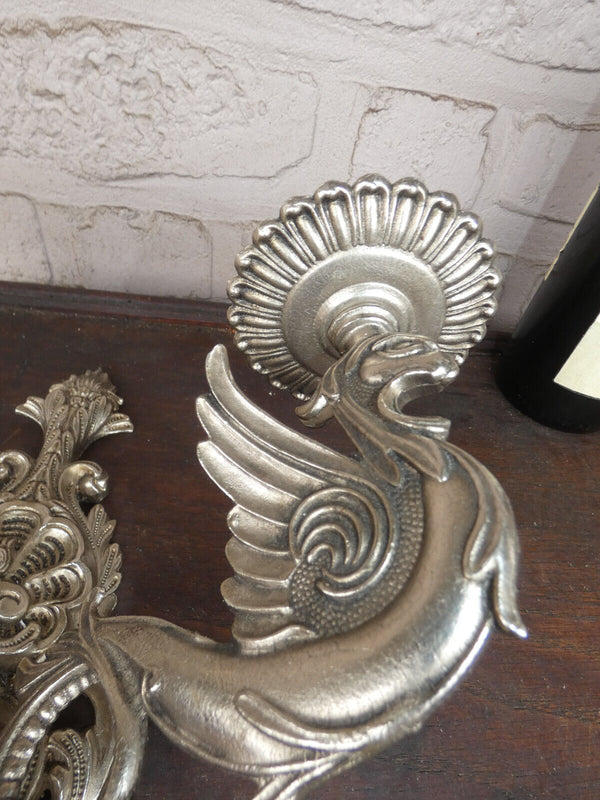 PAIR vintage brass Dragon silver patina wall lights sconces lamps