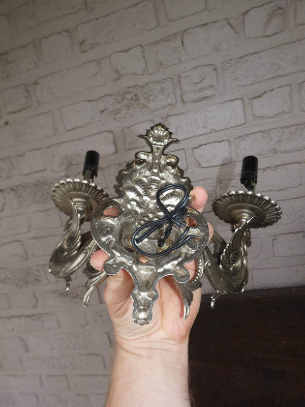 PAIR vintage brass Dragon silver patina wall lights sconces lamps