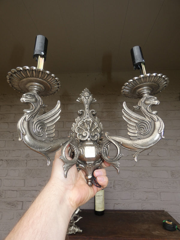 PAIR vintage brass Dragon silver patina wall lights sconces lamps