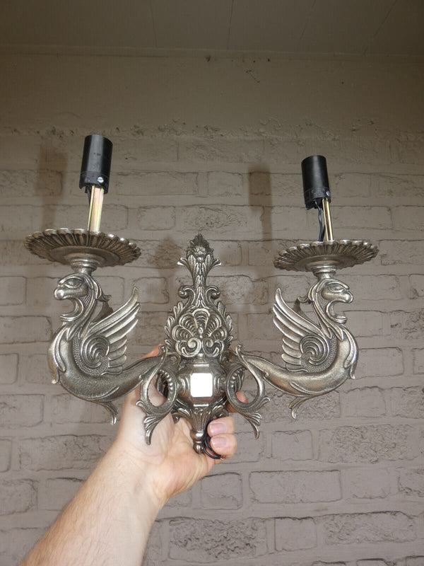 PAIR vintage brass Dragon silver patina wall lights sconces lamps