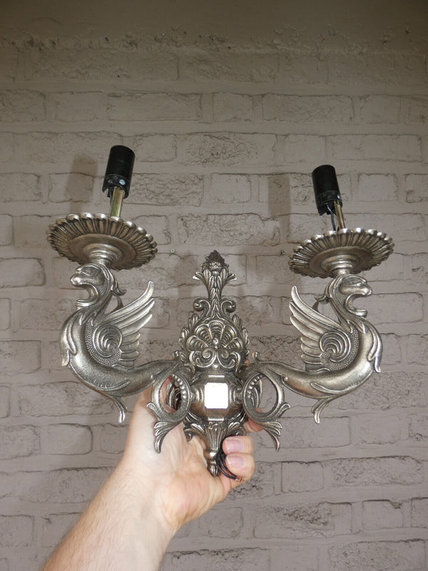 PAIR vintage brass Dragon silver patina wall lights sconces lamps