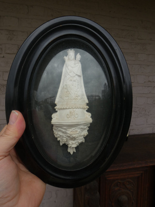 Antique Meerschaum Madonna Montaigu Convex glass wood plaque 19thc