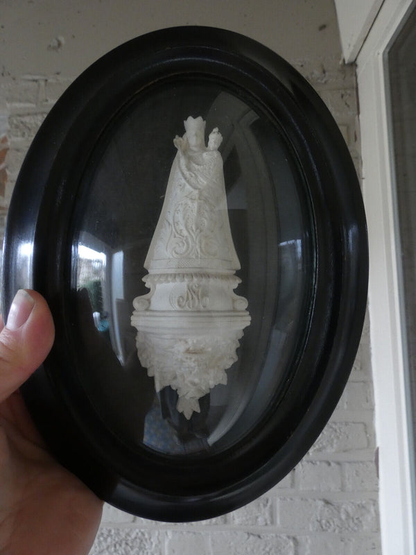 Antique Meerschaum Madonna Montaigu Convex glass wood plaque 19thc