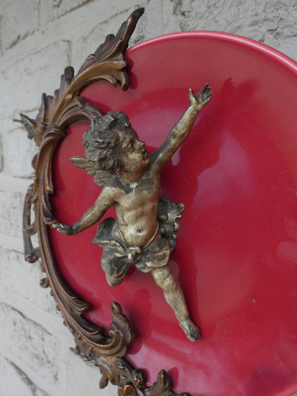 Vintage Red porcelain plate with spelter bronze putti figurine frame 1950