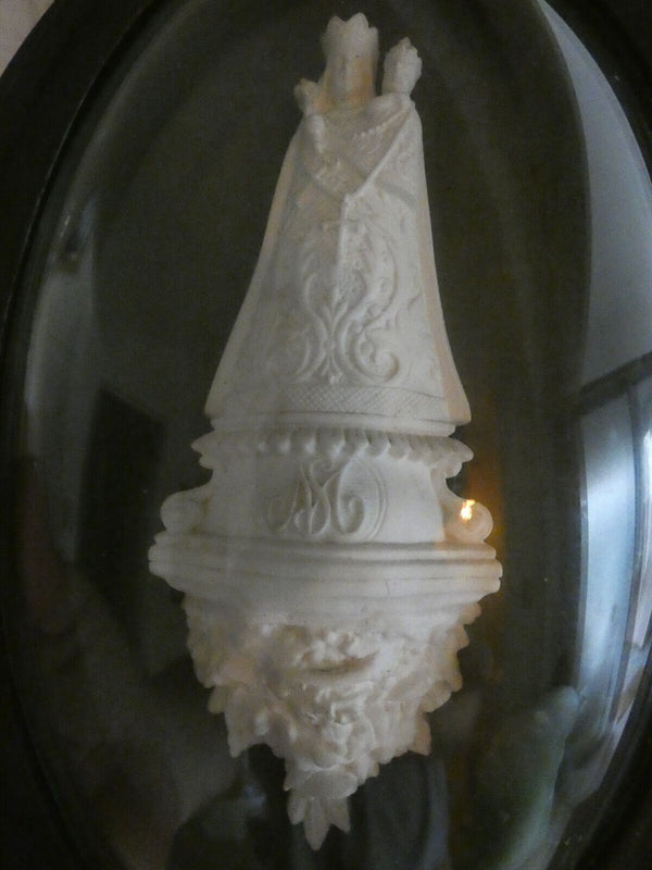 Antique Meerschaum Madonna Montaigu Convex glass wood plaque 19thc