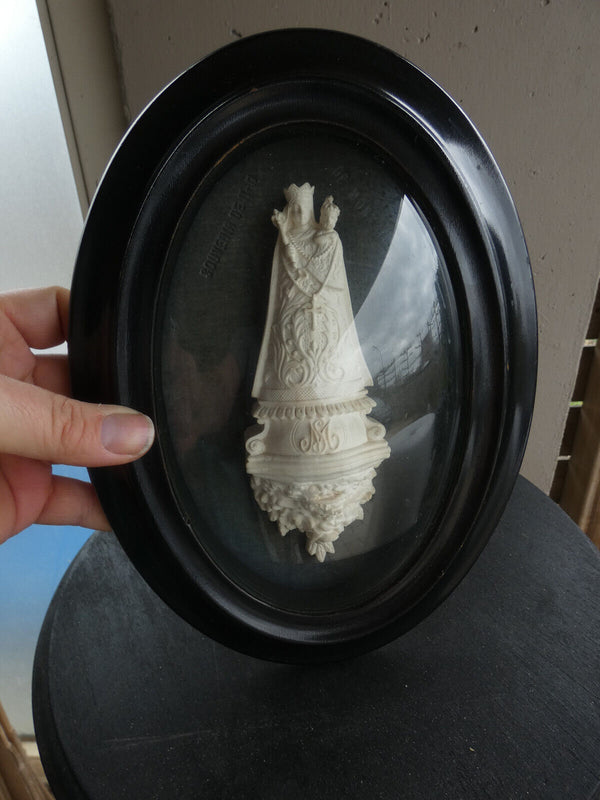 Antique Meerschaum Madonna Montaigu Convex glass wood plaque 19thc