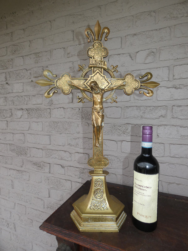 Antique  french religious church altar crucifix bronze fleur de lys