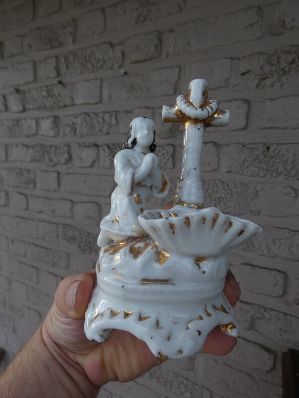 Antique small  french porcelain holy water font praying figurine statue