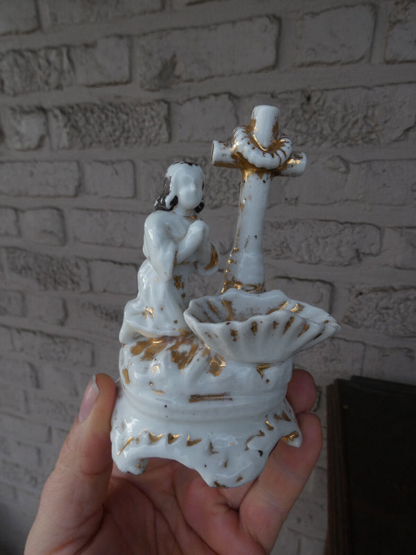 Antique small  french porcelain holy water font praying figurine statue