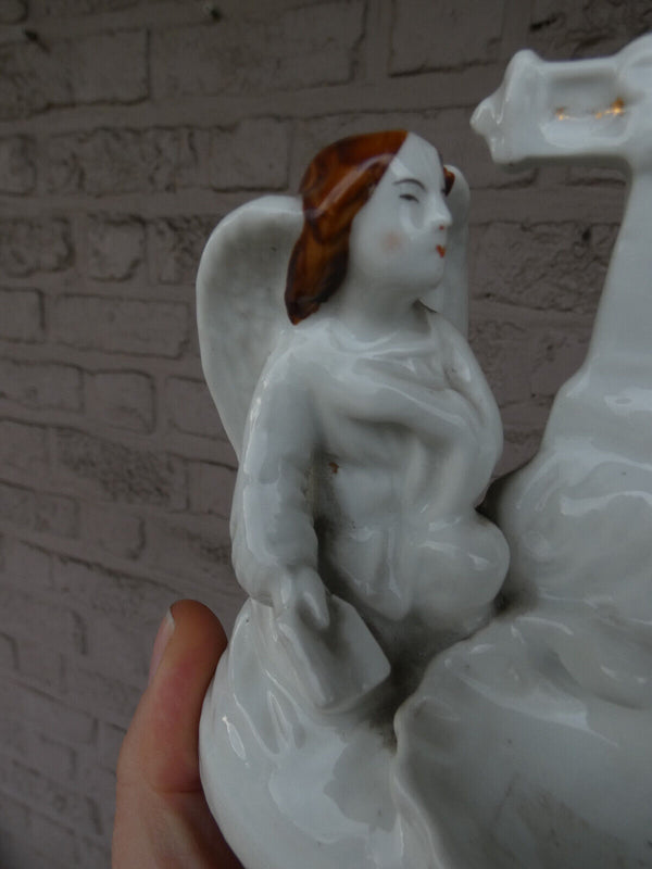 Antique small letu mauger french porcelain holy water font angel statue