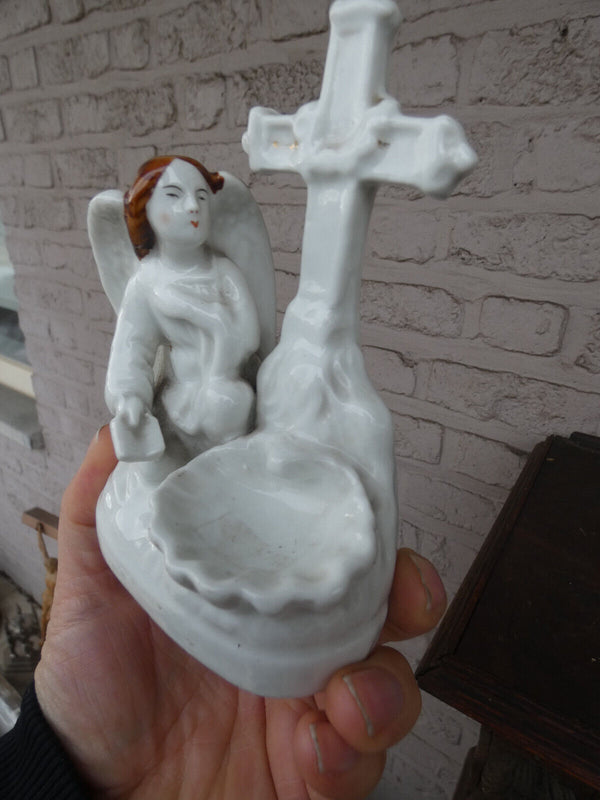 Antique small letu mauger french porcelain holy water font angel statue