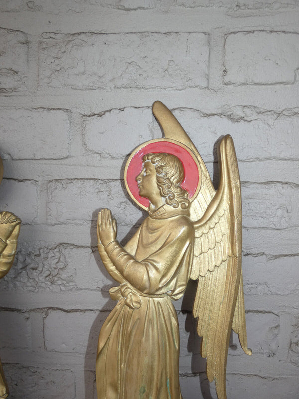 Pair antique bronze religious Arch angel figurine enamel rare set