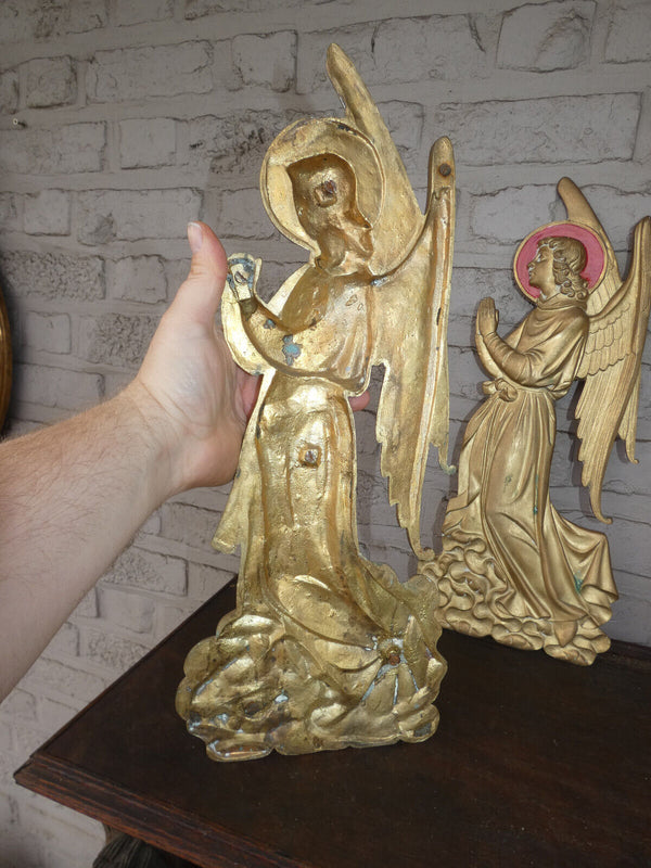 Pair antique bronze religious Arch angel figurine enamel rare set