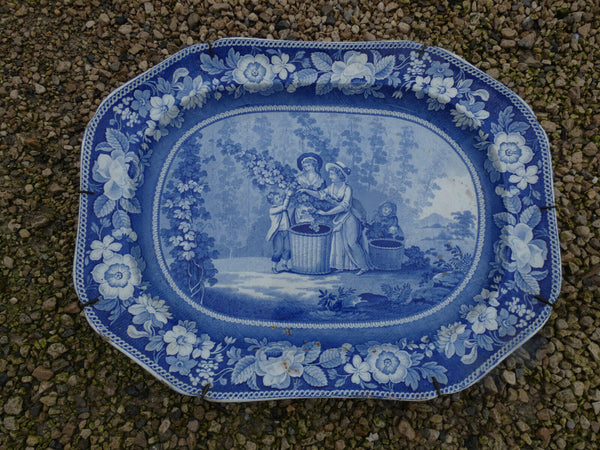 antique XL 19thc  Blue white pottery wall plaque romantic decor