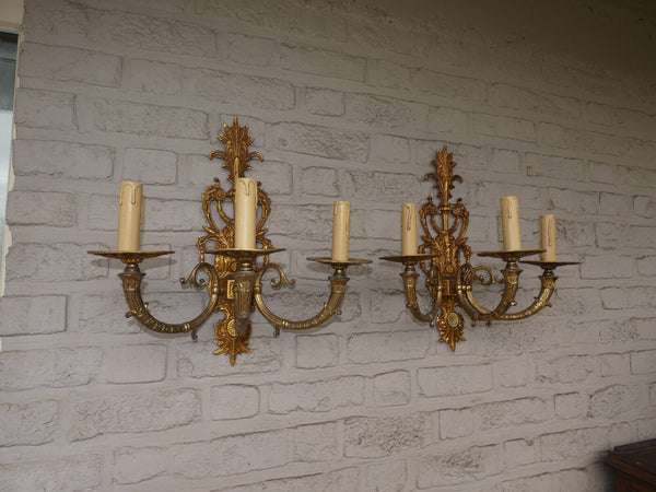 PAIR large bronze 3 arm Wall lights Sconces