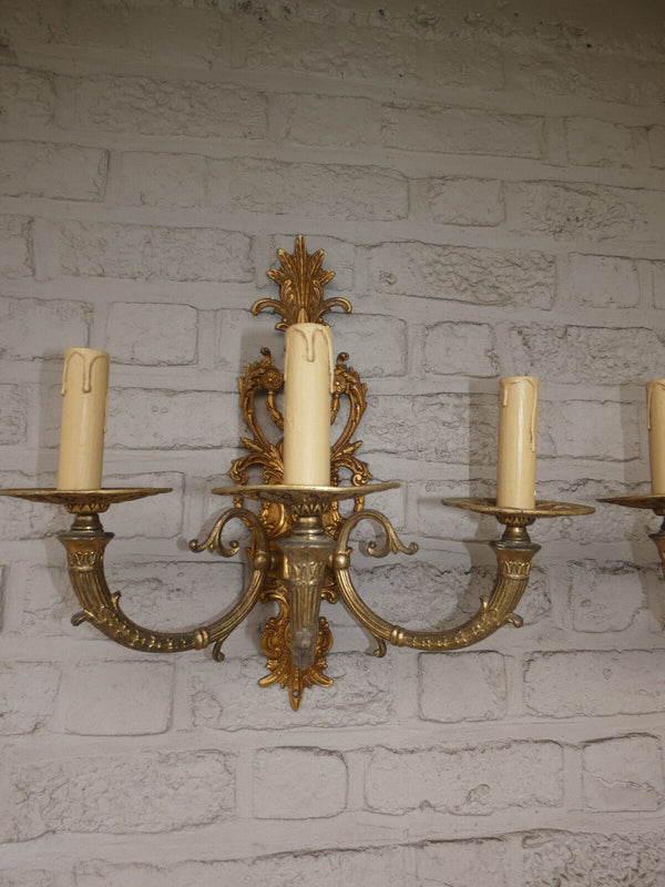 PAIR large bronze 3 arm Wall lights Sconces