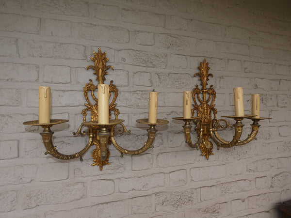 PAIR large bronze 3 arm Wall lights Sconces