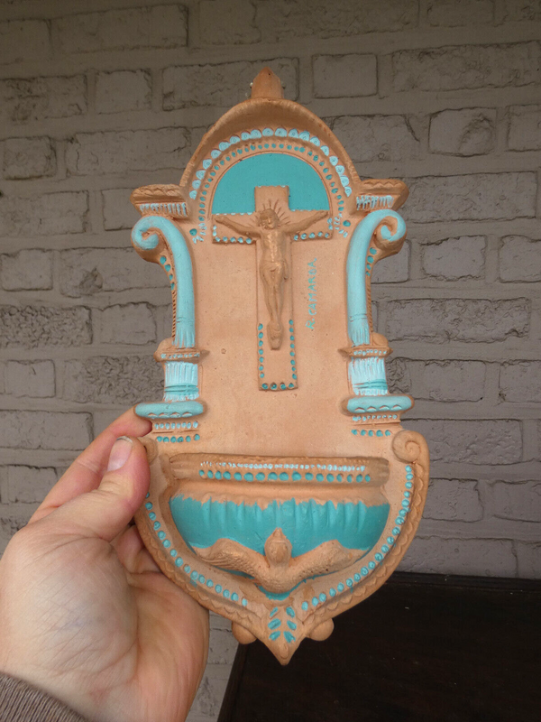 Vintage spanish Terracotta holy water font plaque crucifix holy spirit