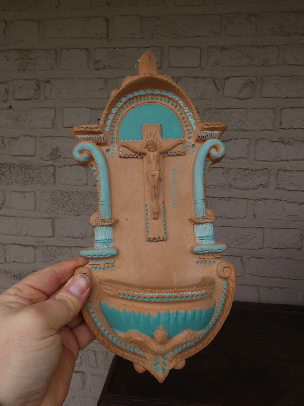 Vintage spanish Terracotta holy water font plaque crucifix holy spirit