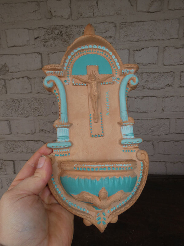 Vintage spanish Terracotta holy water font plaque crucifix holy spirit