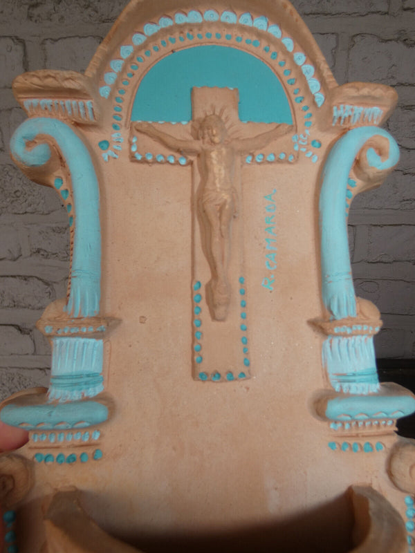 Vintage spanish Terracotta holy water font plaque crucifix holy spirit