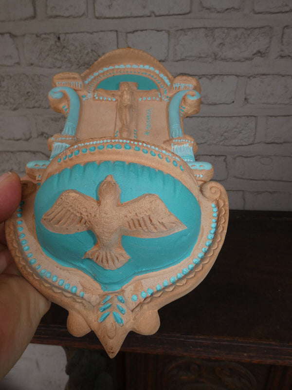 Vintage spanish Terracotta holy water font plaque crucifix holy spirit