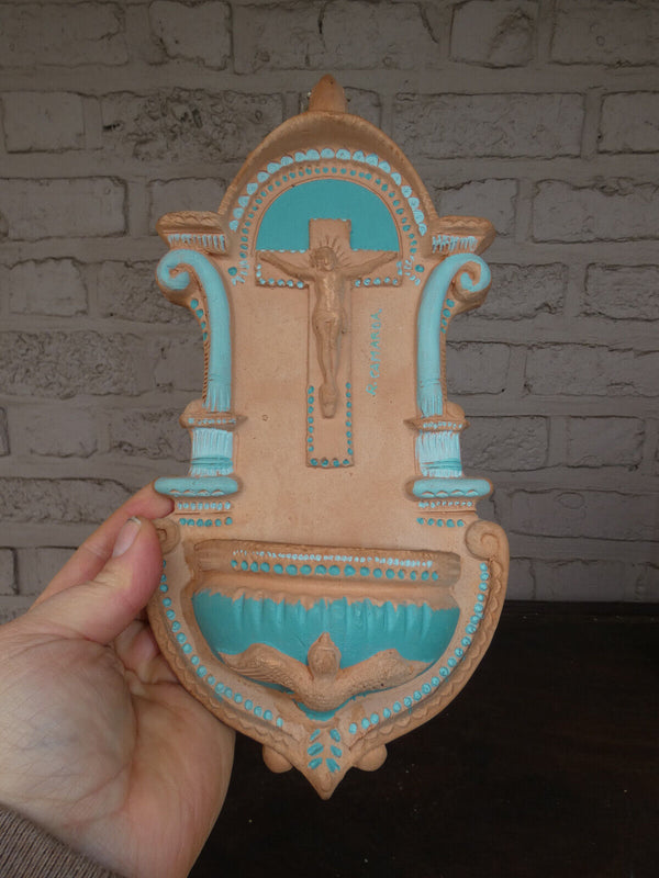 Vintage spanish Terracotta holy water font plaque crucifix holy spirit