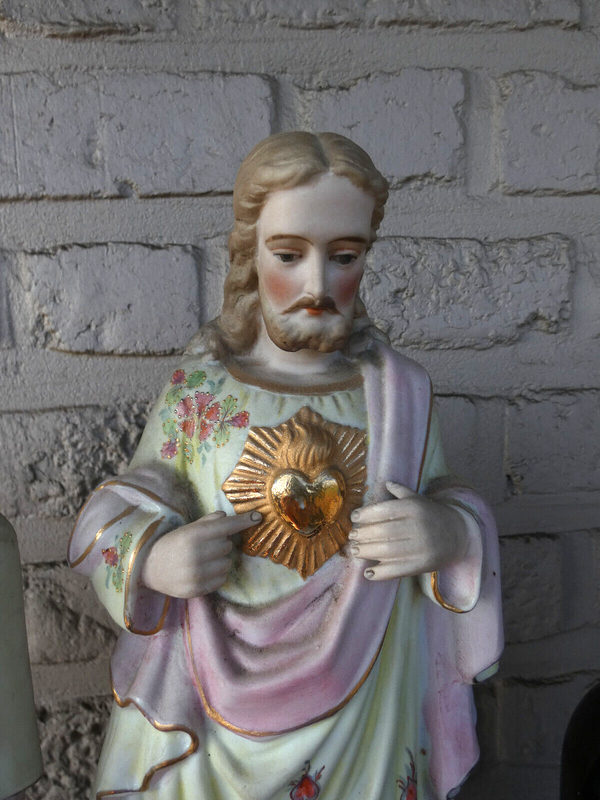 PAIR 1950 german porcelain bisque Sacred Mary jesus statue religious