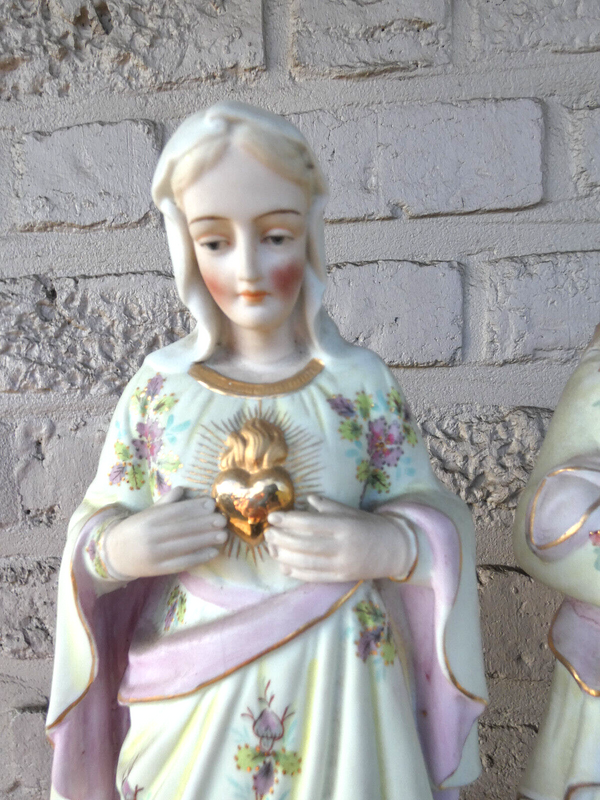 PAIR 1950 german porcelain bisque Sacred Mary jesus statue religious