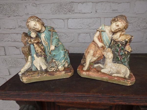 Antique chalk pair young jesus john baptist statue figurines religious set