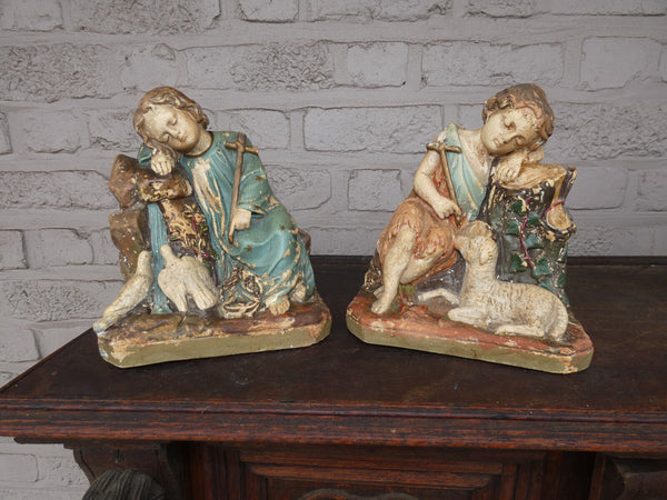 Antique chalk pair young jesus john baptist statue figurines religious set