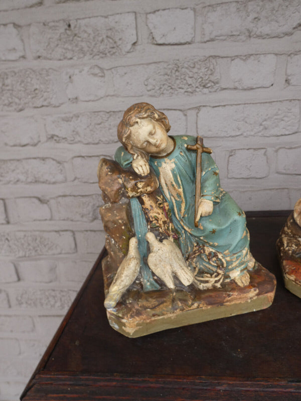 Antique chalk pair young jesus john baptist statue figurines religious set