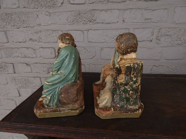 Antique chalk pair young jesus john baptist statue figurines religious set