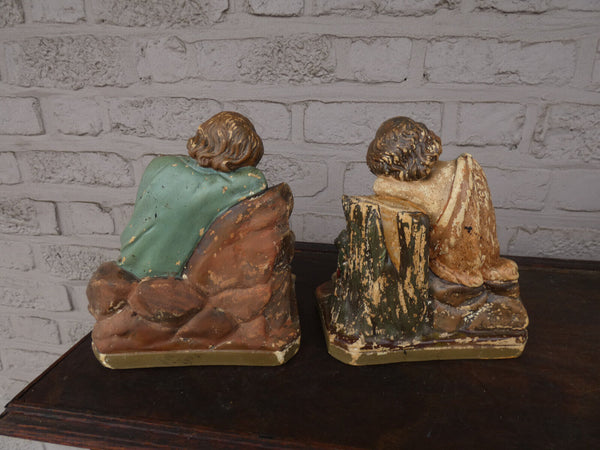 Antique chalk pair young jesus john baptist statue figurines religious set