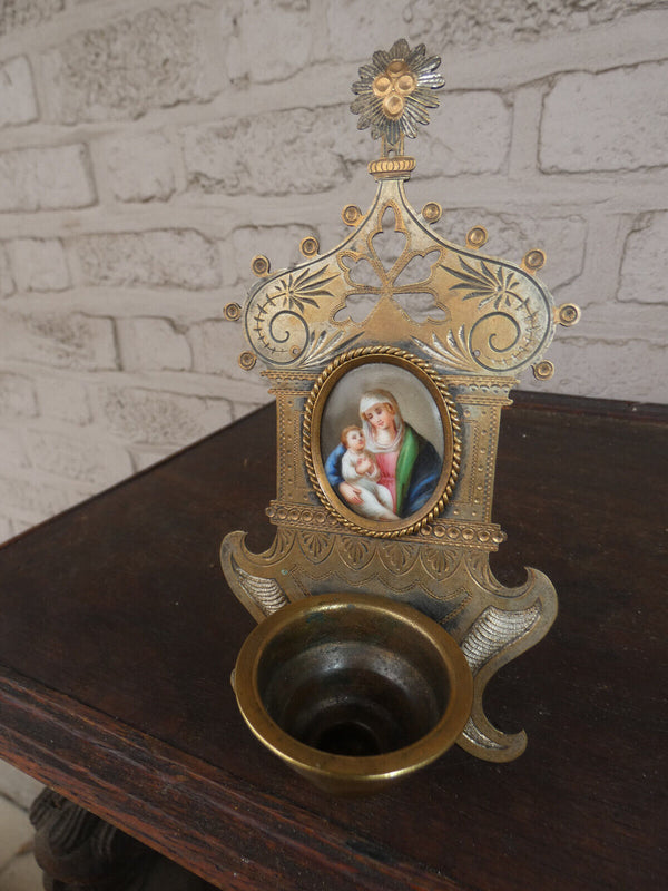 Antique French Metal porcelain hand paint madonna medaillon holy water font