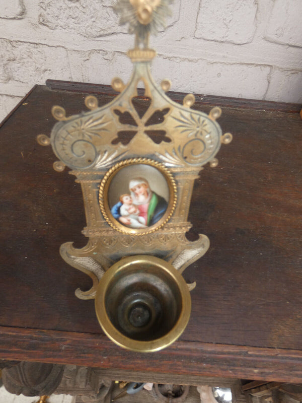 Antique French Metal porcelain hand paint madonna medaillon holy water font