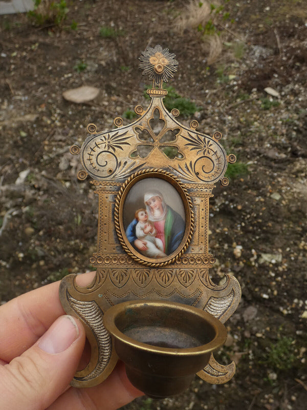 Antique French Metal porcelain hand paint madonna medaillon holy water font