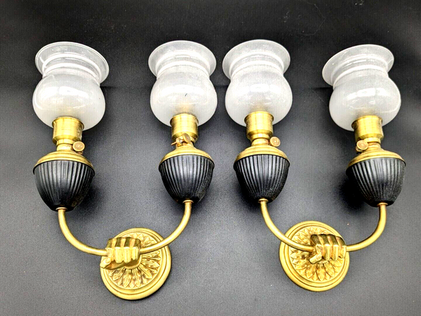 Vintage Mid century maison charles bronze hands wall light sconces opaline glass