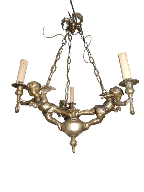 Vintage Bronze Putti cherub 3 arm chandelier lamp