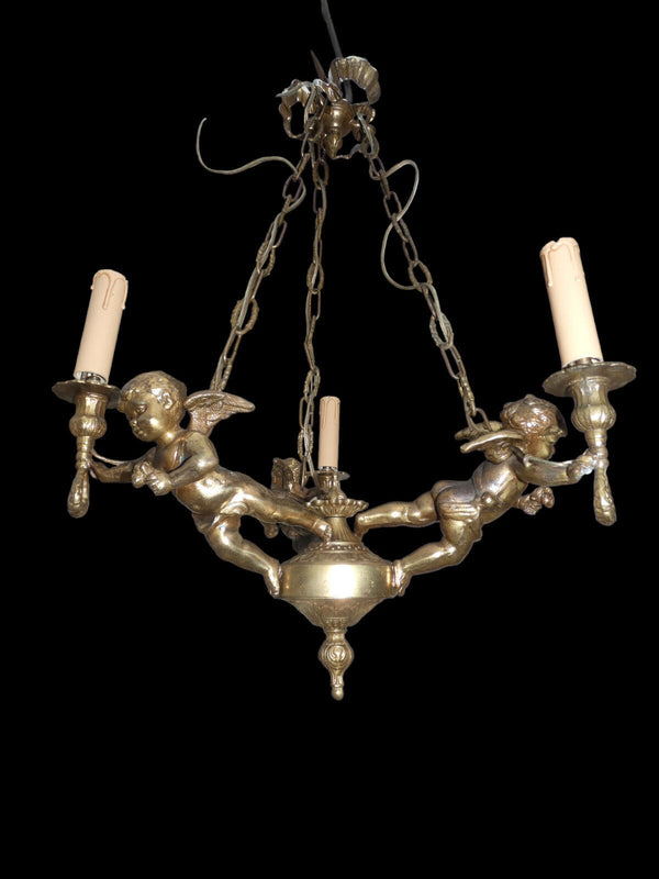 Vintage Bronze Putti cherub 3 arm chandelier lamp