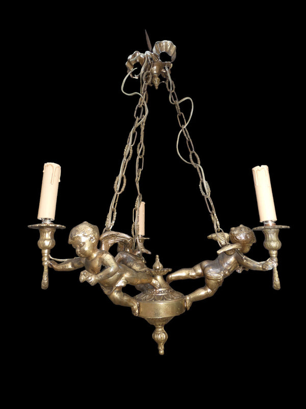 Vintage Bronze Putti cherub 3 arm chandelier lamp