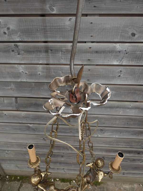 Vintage Bronze Putti cherub 3 arm chandelier lamp