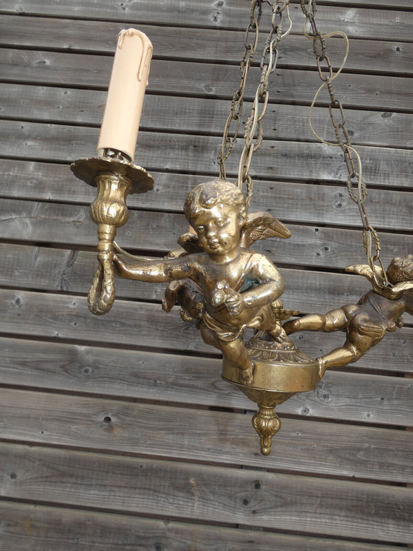 Vintage Bronze Putti cherub 3 arm chandelier lamp