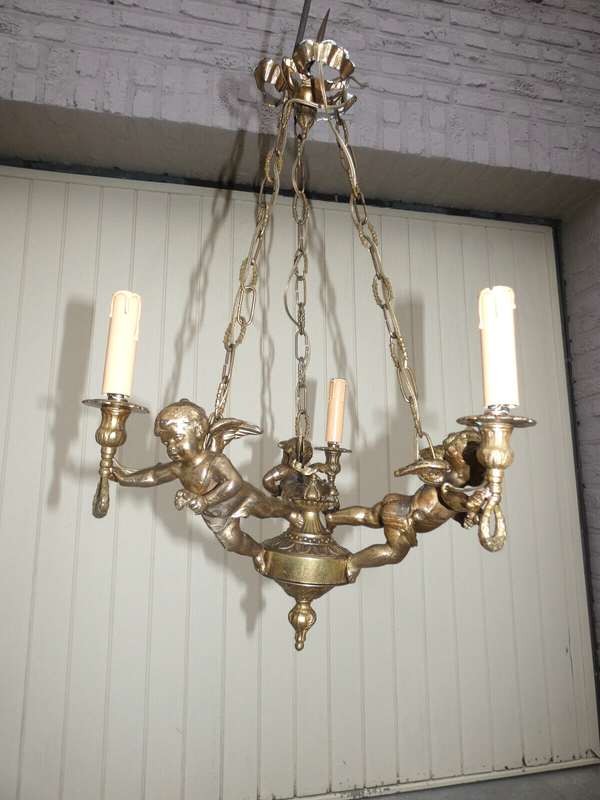 Vintage Bronze Putti cherub 3 arm chandelier lamp