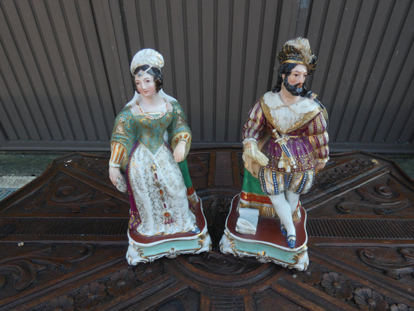 PAIR Antique french vieux paris porcelain pique fleur statue lady man figurine