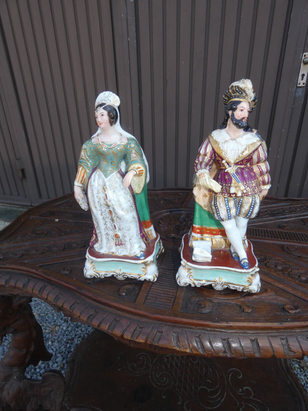 PAIR Antique french vieux paris porcelain pique fleur statue lady man figurine