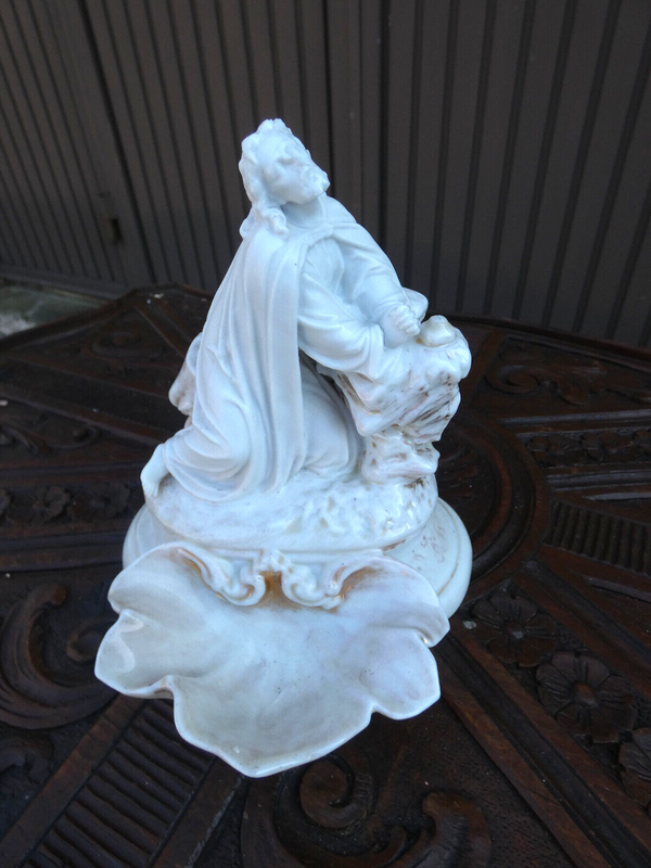 Antique  Bisque porcelain french holy water font jesus praying Statue religious